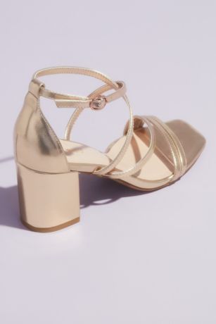 Swoop Strap Square Toe Metallic Block Heel Sandals | David's Bridal