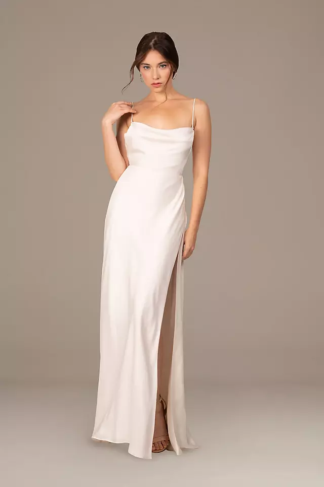 Rosabel Cowl Neck Satin Gown with Spaghetti Straps Image 3