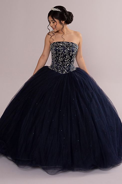 Beaded Satin and Tulle Strapless Quinceanera Dress Image