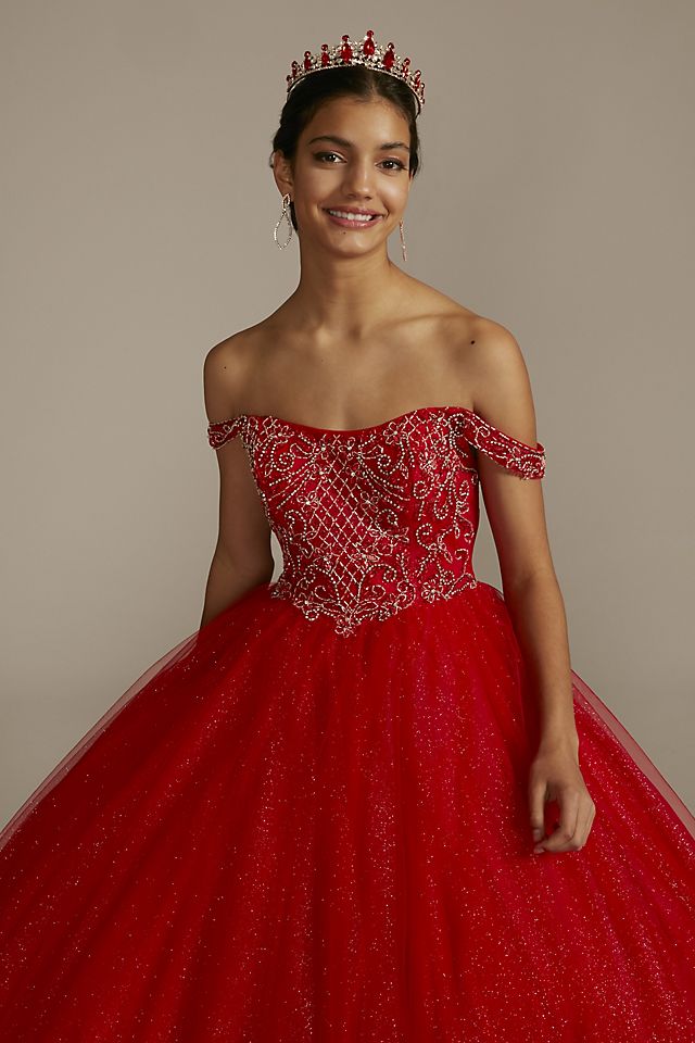 Off-the-Shoulder Beaded Quince Ball Gown Image 3