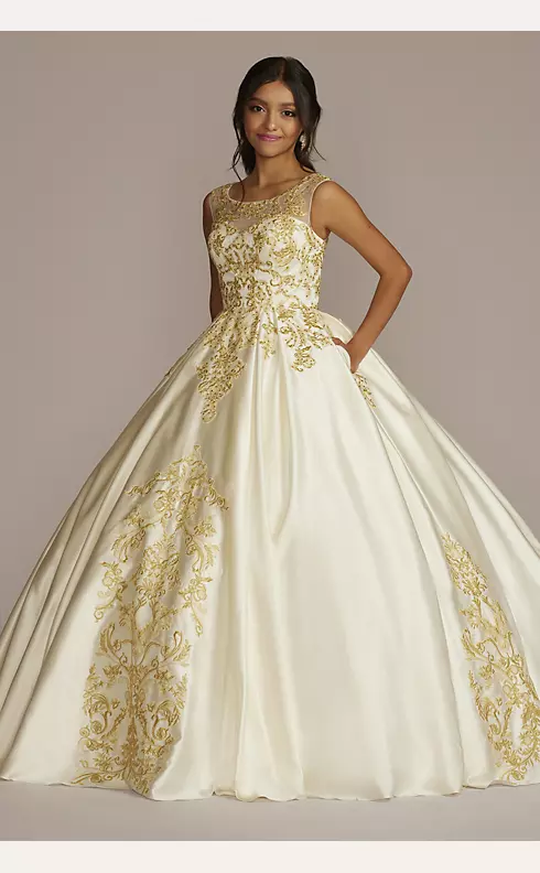 Illusion Cap Sleeve Pleated Quince Ball Gown Image 1