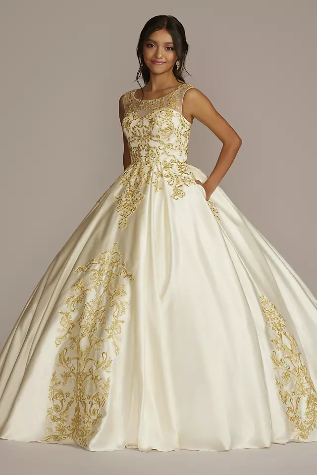 Illusion Cap Sleeve Pleated Quince Ball Gown Image