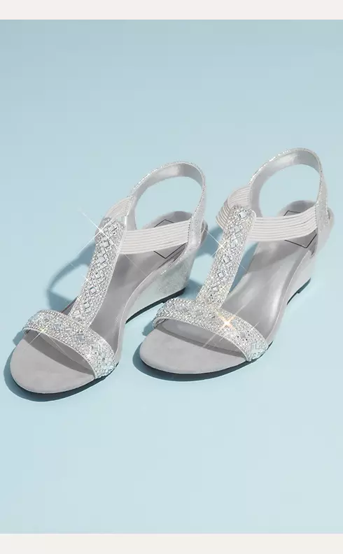 Crystal Pull On Metallic T-Strap Wedge Sandals | David's Bridal