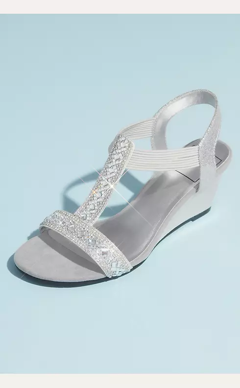 Crystal Pull On Metallic T-Strap Wedge Sandals | David's Bridal