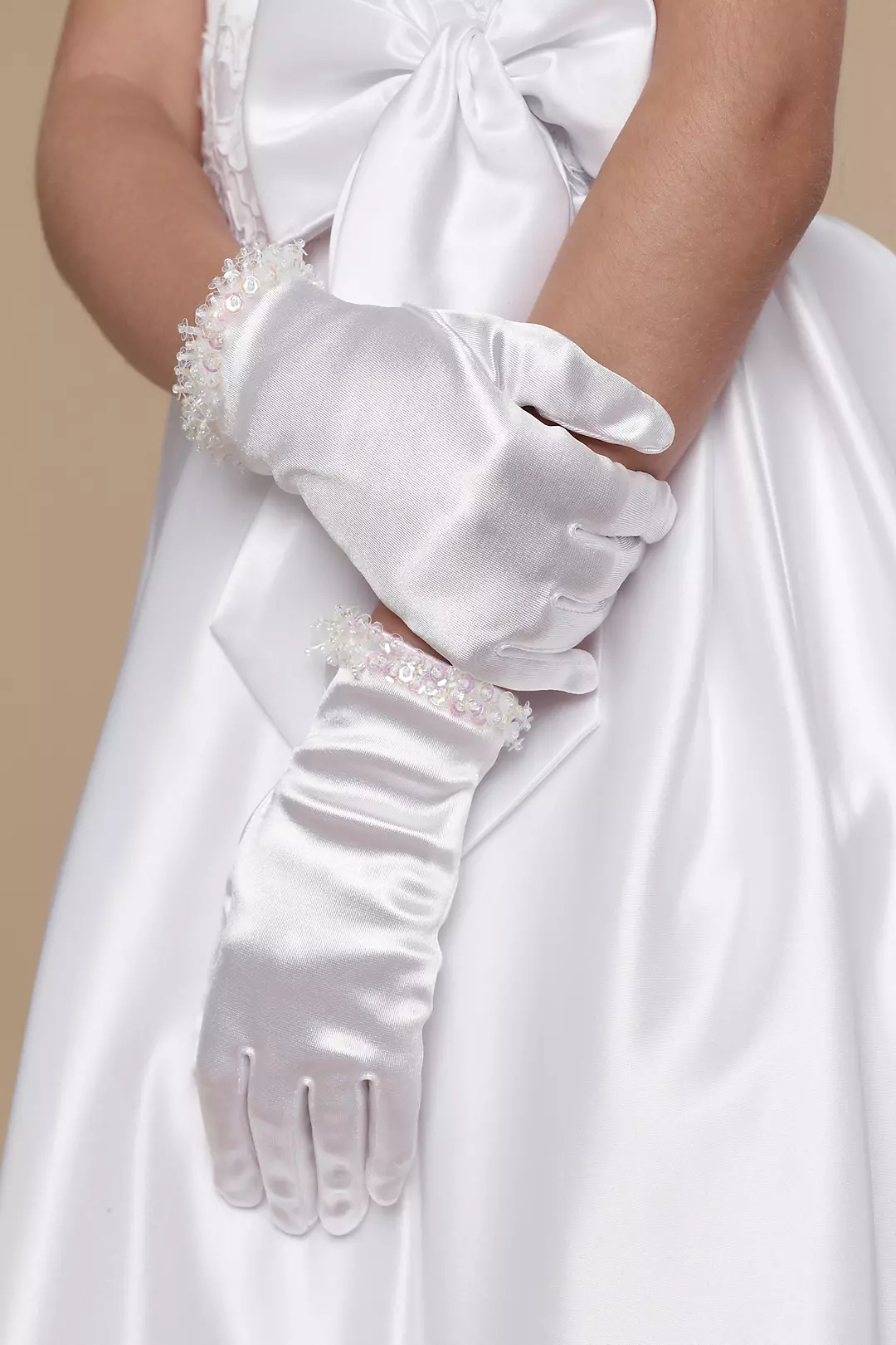 Girls Crystal-Trimmed Satin Wrist Gloves Image