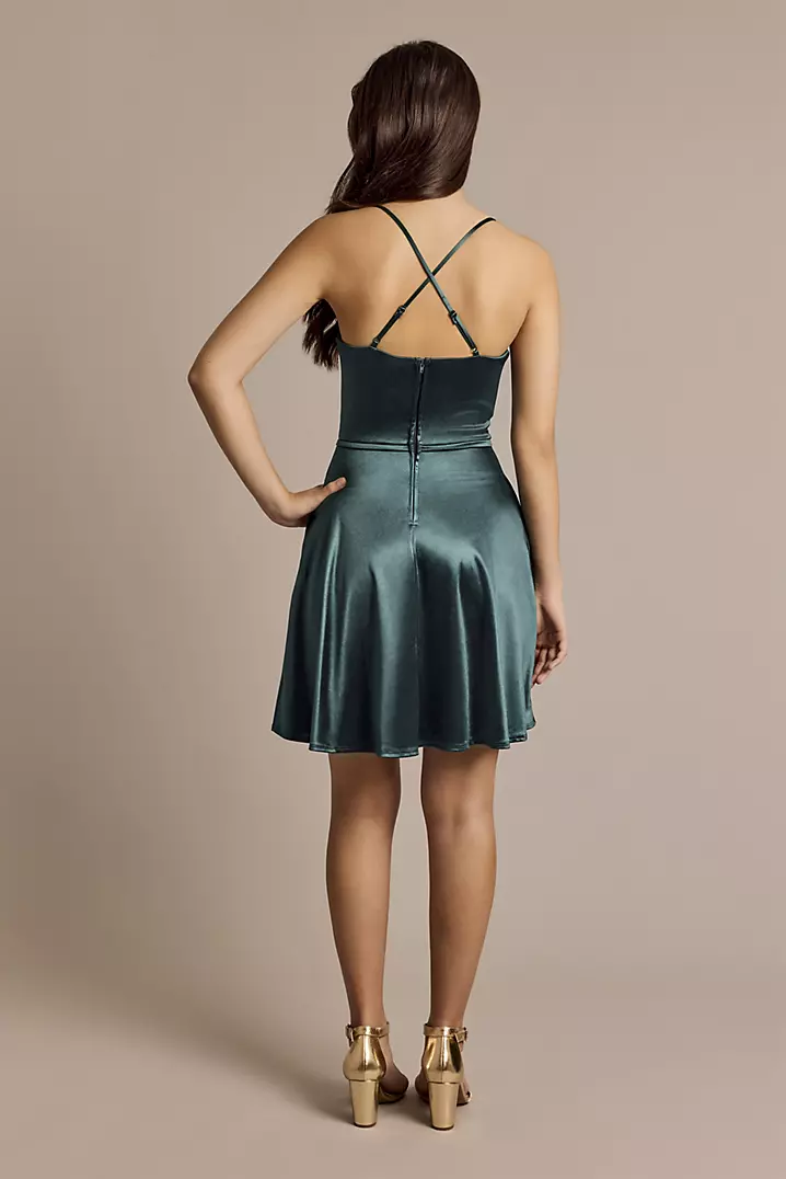 Cowl Neck Short Satin Skater Dress | David's Bridal Cowl Neck Short Satin Skater Dress | David's Bridal