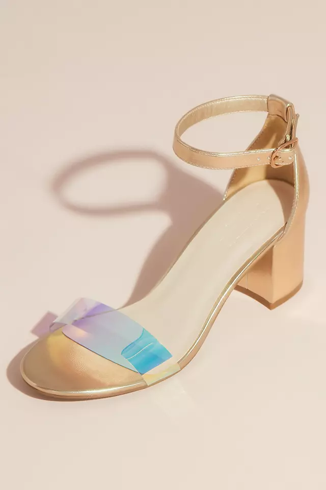Metallic Block Heel Sandals with Holographic Strap Image