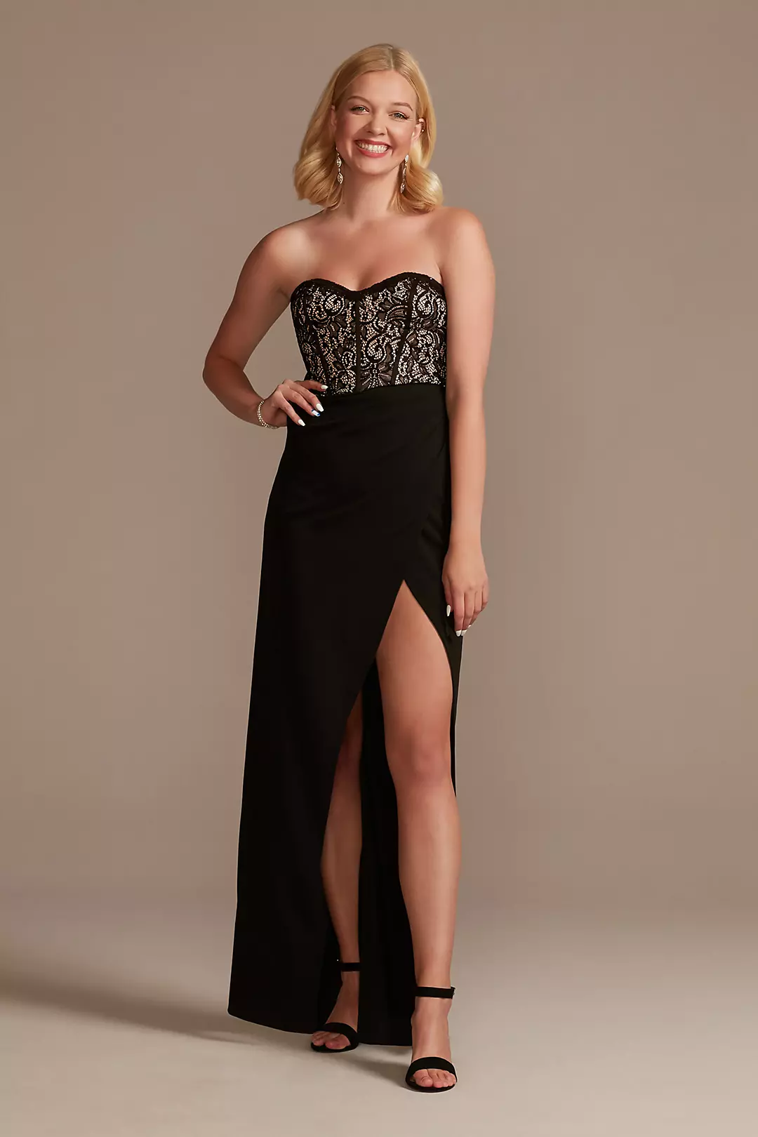 Lace Bodice Strapless Gown with Asymmetrical Waist Image