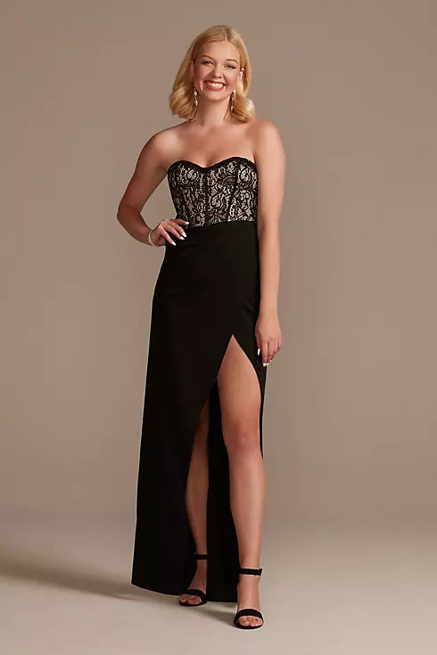 Lace Bodice Strapless Gown with Asymmetrical Waist Image 1
