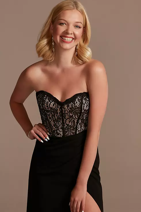 Lace Bodice Strapless Gown with Asymmetrical Waist Image 3
