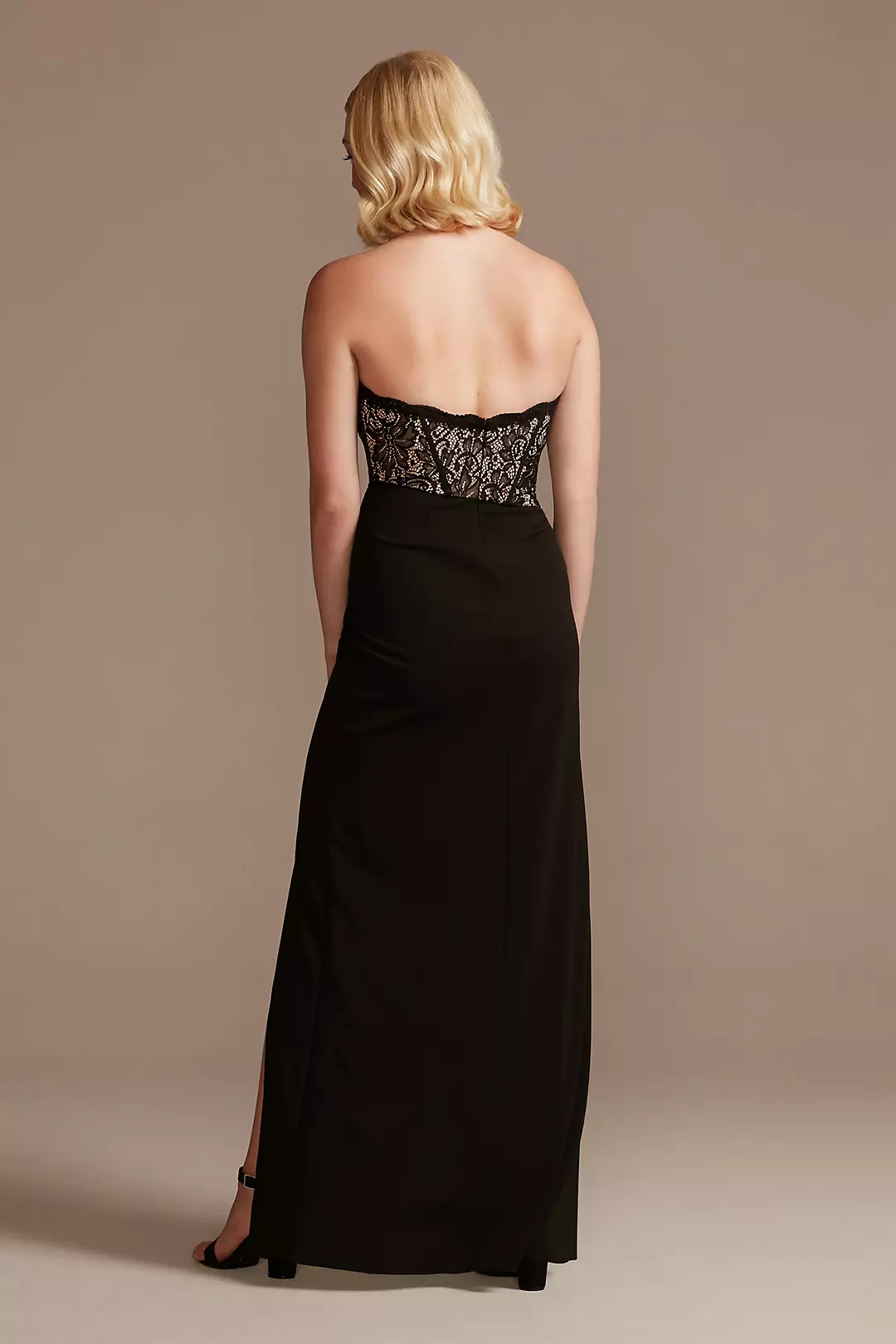 Lace Bodice Strapless Gown with Asymmetrical Waist Image 2