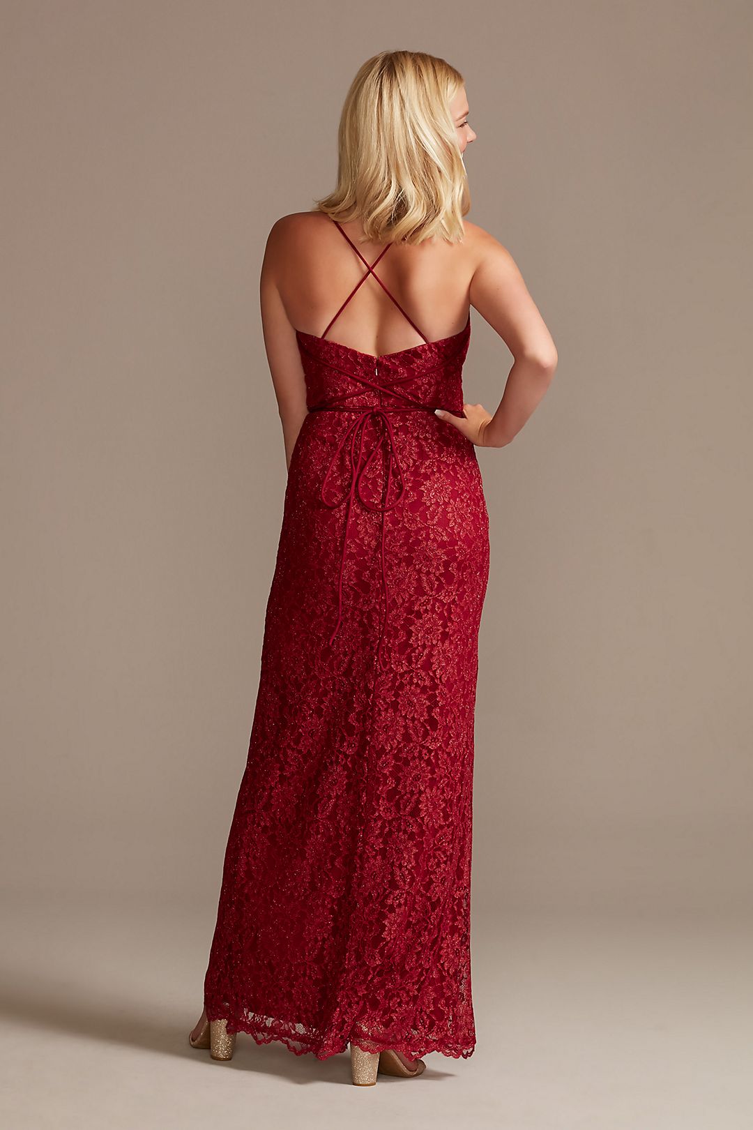 Allover Lace Sheath Gown with Plunging Neckline Image 2