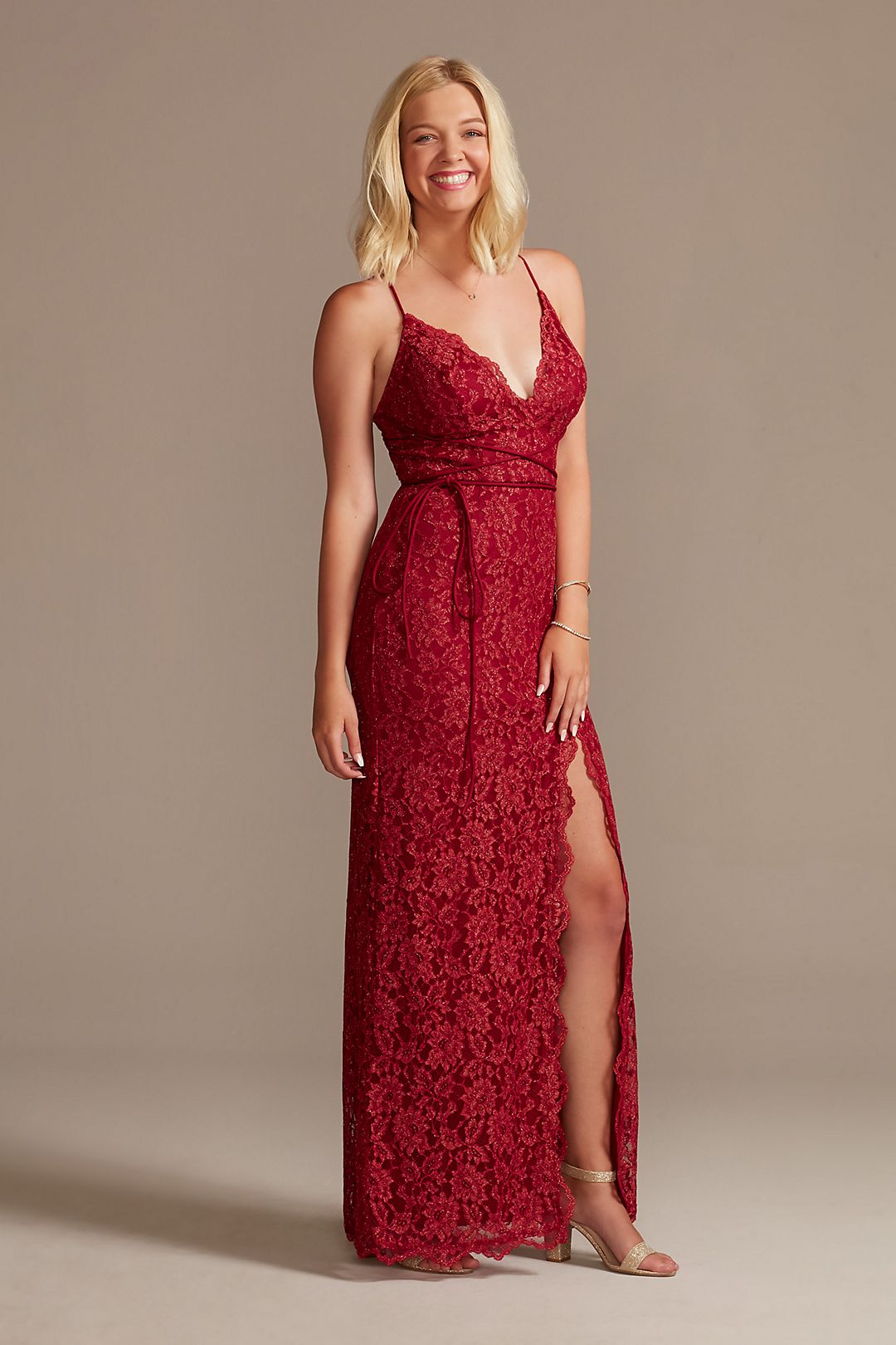 Allover Lace Sheath Gown with Plunging Neckline Image 1
