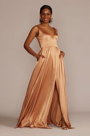 LILYSHEENA™  V Neck Bronze Silk Cami Dress