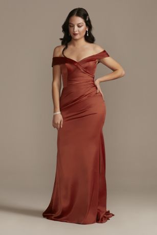 Satin Off the Shoulder Mermaid Bridesmaid Dress David s Bridal