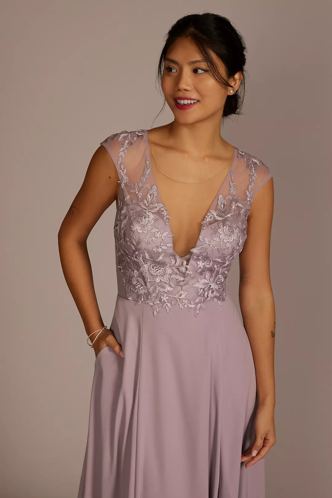 Cap Sleeve Lace and Georgette Bridesmaid Dress Image 3