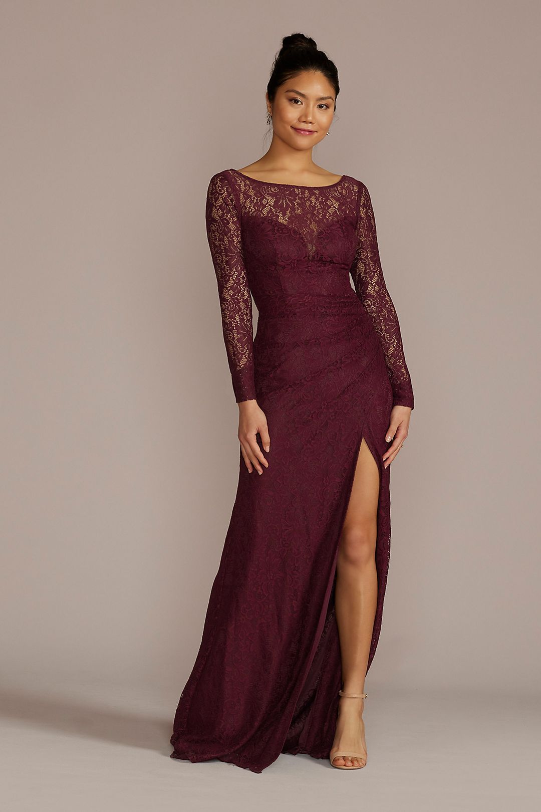 Long-Sleeve Lace Bridesmaid Dress with Slit Image 1