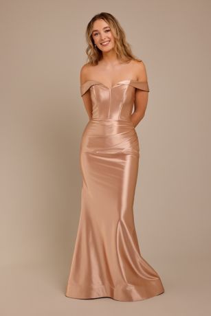 Sculpting Satin Off-the-Shoulder Bridesmaid Dress | David's Bridal