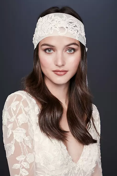 Lace Appliqued Tulle Bridal Headband Image 1