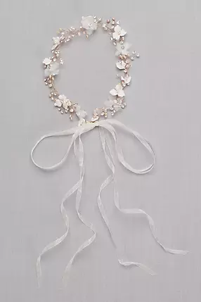 3D Flower Ribbon-Tie Headband with Pearls | David's Bridal