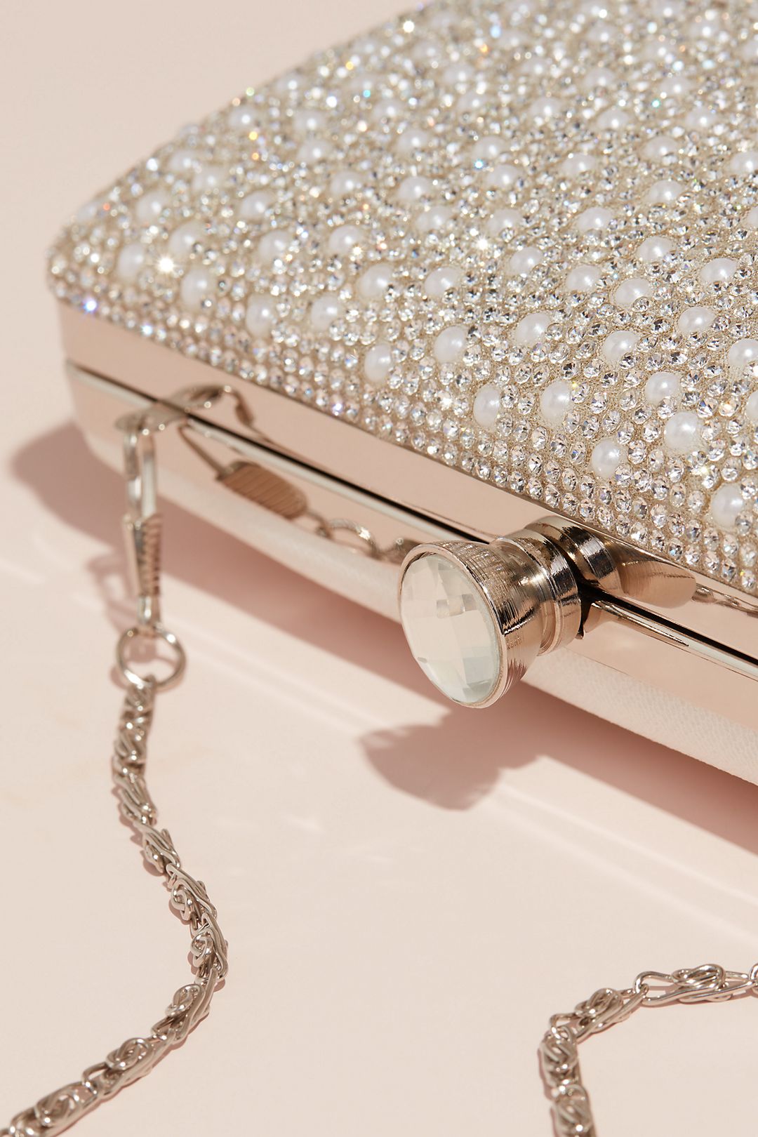Crystal and Pearl Embellished Glitter Box Clutch Image 4