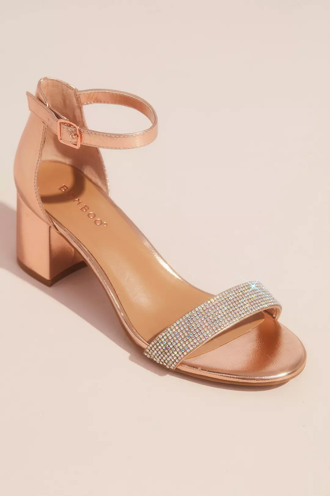 Shiny Metallic Block Heel Sandals with Crystals Image