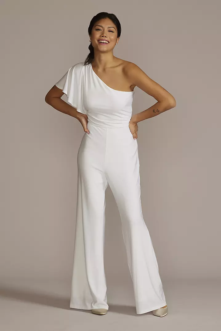 One-Shoulder Jersey Wedding Jumpsuit | David's Bridal One-Shoulder Jersey Wedding Jumpsuit | David's Bridal