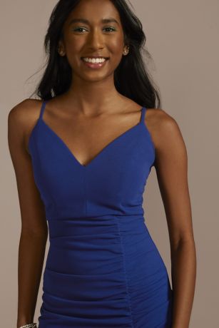 Short V-Neck Ruched Crepe Sheath Dress with Slit | David's Bridal