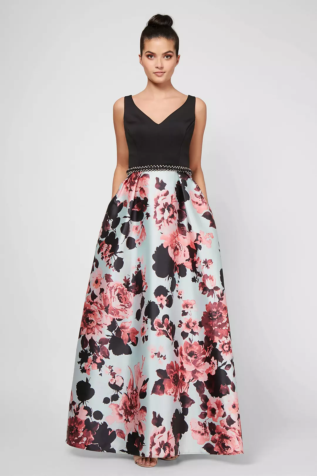 Printed V-Neck Tank Ball Gown with Scuba Bodice Image