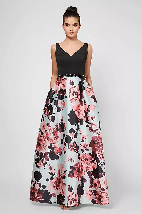 Printed V-Neck Tank Ball Gown with Scuba Bodice Image 1