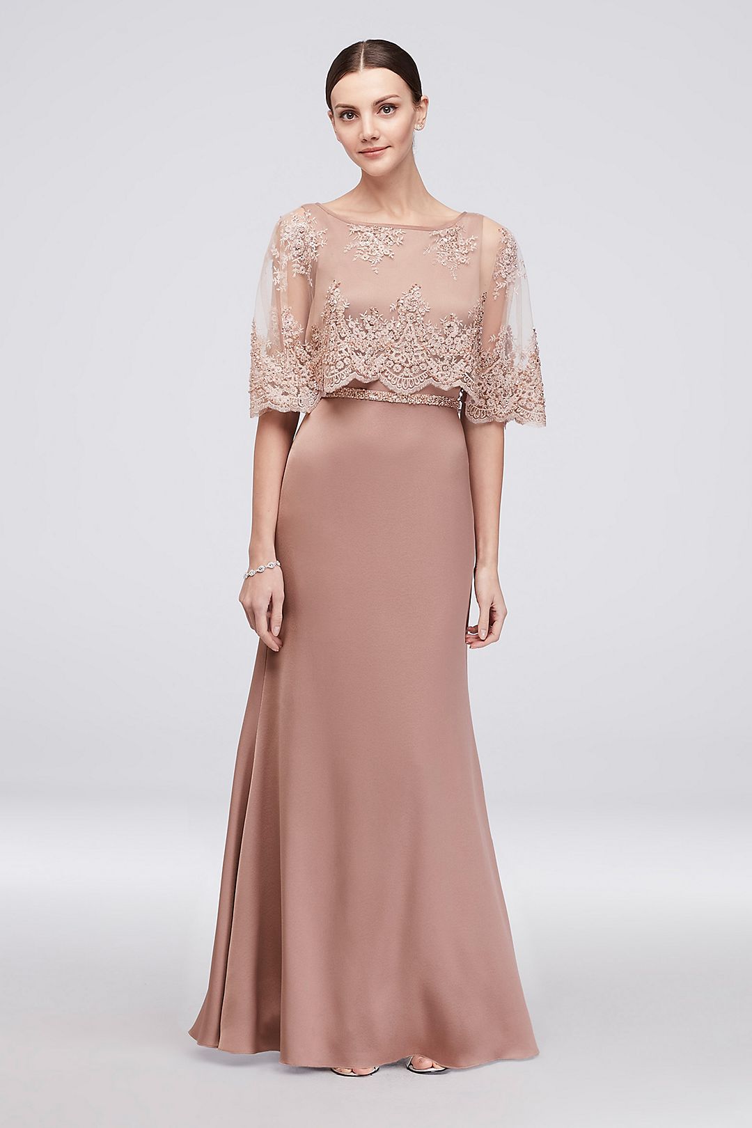 Satin Sheath Gown with Scalloped Lace Capelet Image 1