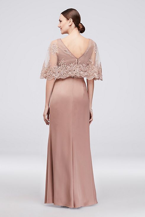 Satin Sheath Gown with Scalloped Lace Capelet Image 2