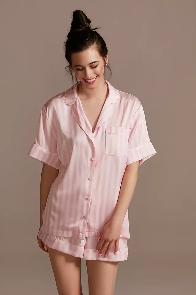 Striped Button-Front Pajama Shorts Set Image