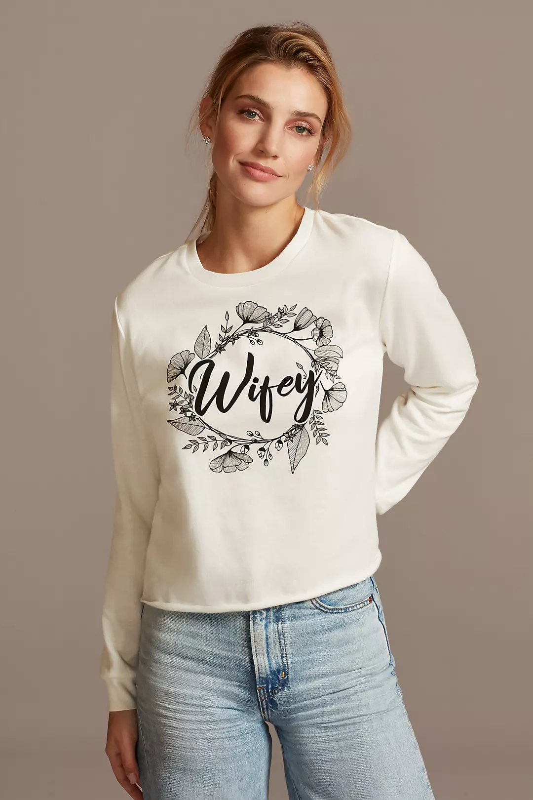 Floral Wifey Script Long Sleeve Crop Sweatshirt Image