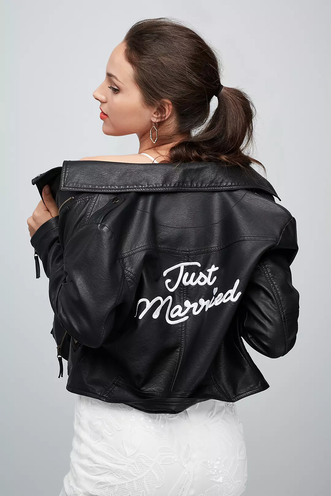 Just Married Embroidered Vegan Leather Moto Jacket Image