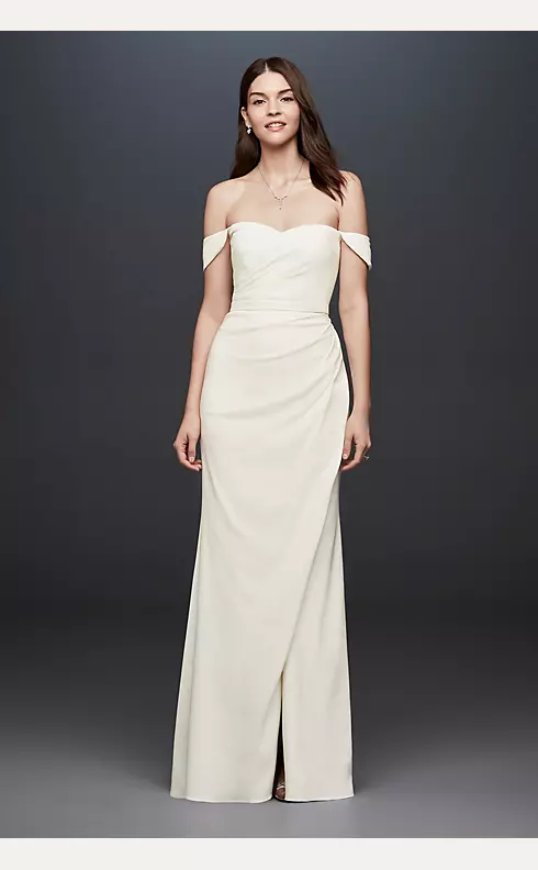 Draped Off-The-Shoulder Crepe Sheath Gown Image 1