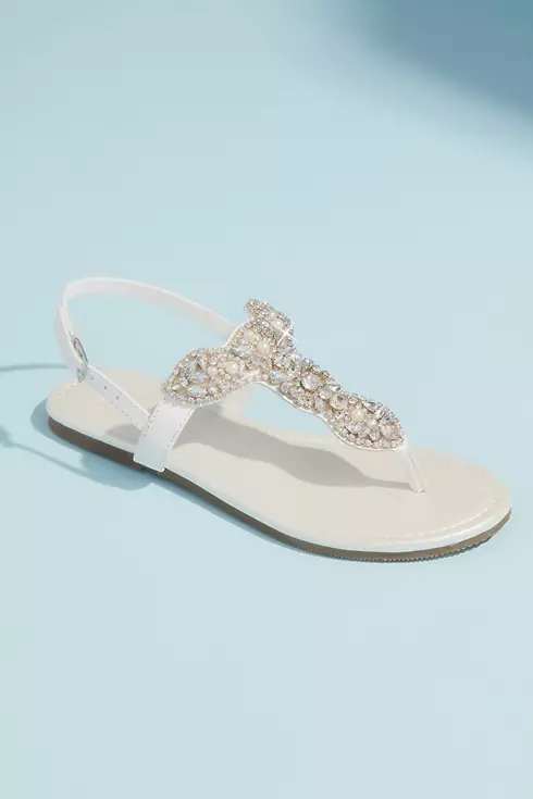 Pearl and Crystal T-Strap Flat Metallic Sandals Image 1