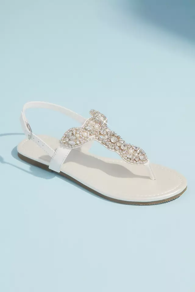 Pearl and Crystal T-Strap Flat Metallic Sandals Image