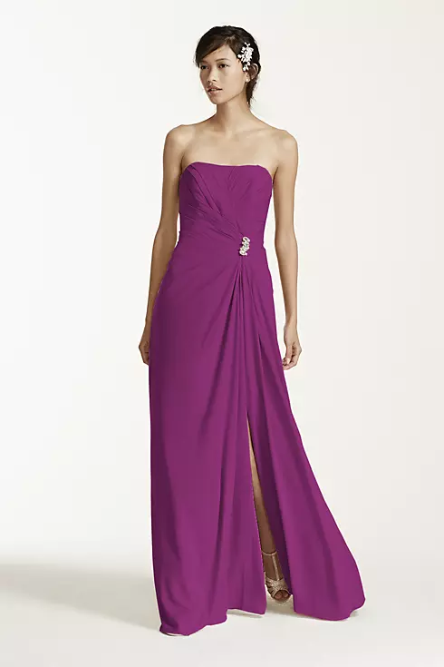 Long Strapless Crepe Dress with Brooch Image 1
