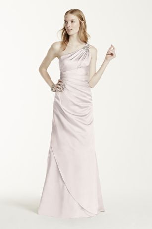 shoulder dress satin length extra bridesmaid davidsbridal