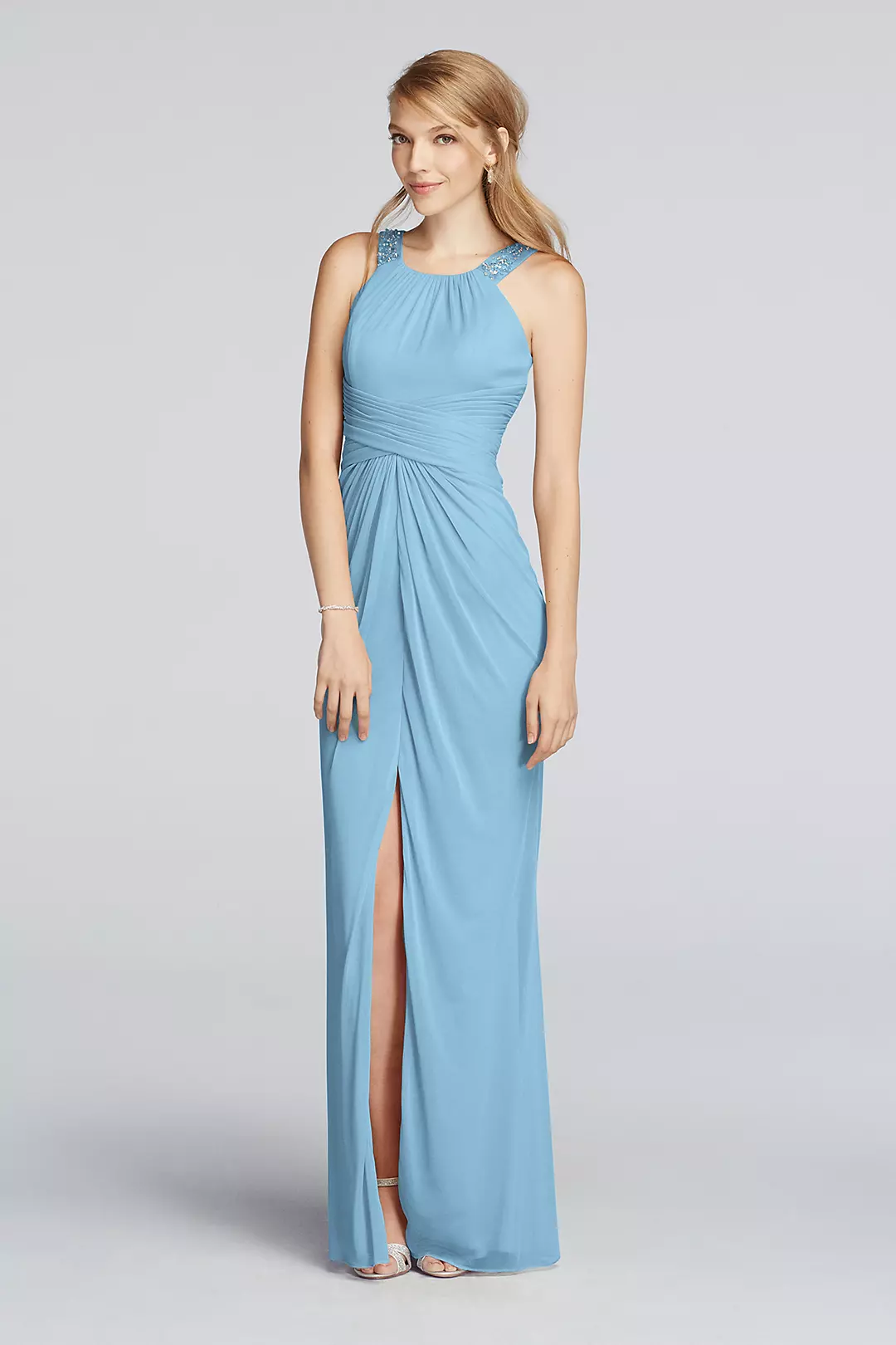 Long Beaded U Neck Mesh Dress with Ruched Waist Image