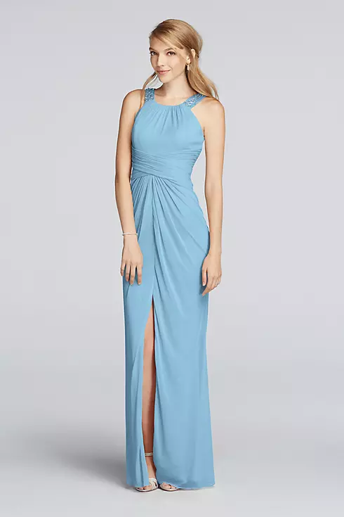 Long Beaded U Neck Mesh Dress with Ruched Waist Image 1
