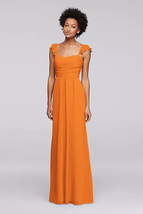 Long Bridesmaid Dress with Flutter Cap Sleeves Image 1
