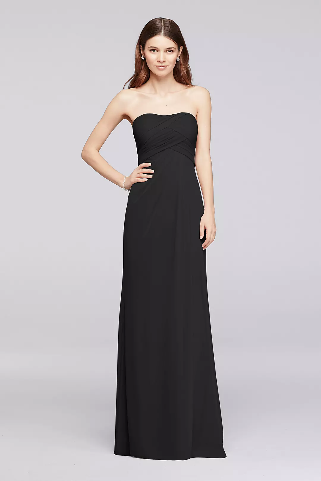 Mesh Strapless Long Bridesmaid Dress with Pleats Image