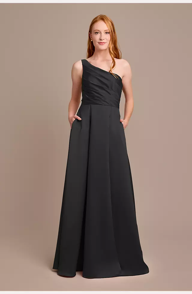 Satin One-Shoulder A-Line Pleated Dress Image