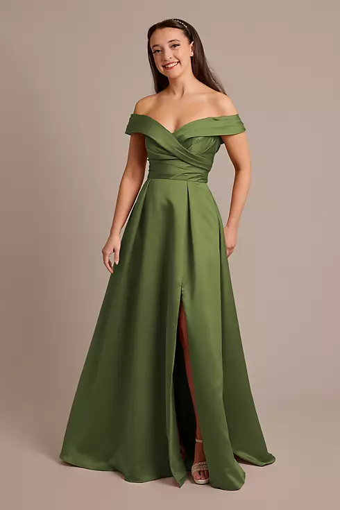 Satin Off-the-Shoulder Ball Gown Bridesmaid Dress Image 1