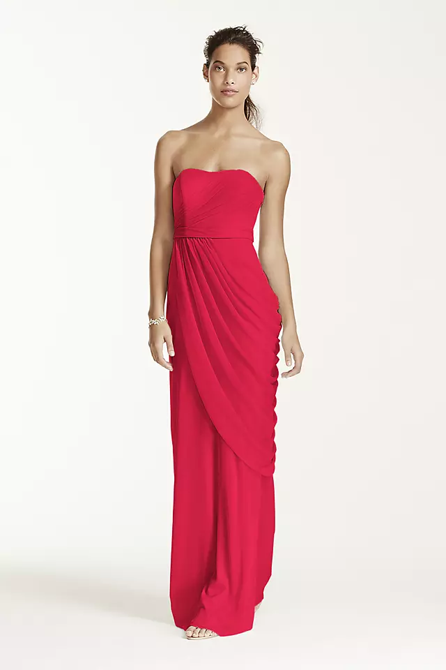 Long Strapless Mesh Dress with Side Draping Image