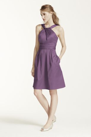 Short Cotton Dress with Y-Neck and Skirt Pleating David's Bridal