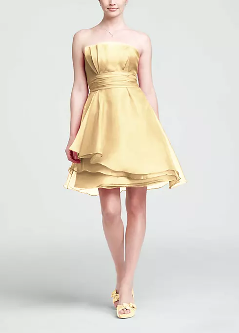 Short Strapless Organza Dress with Ruched Waist Image 1