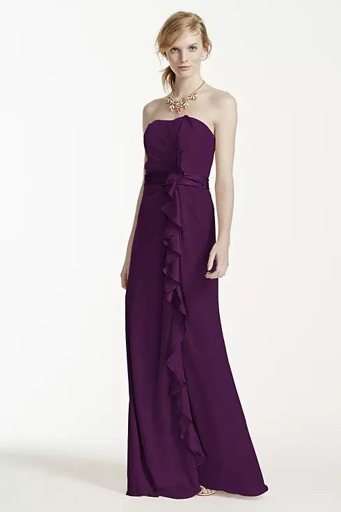 Long Strapless Dress with Front Ruffle Cascade Image 1